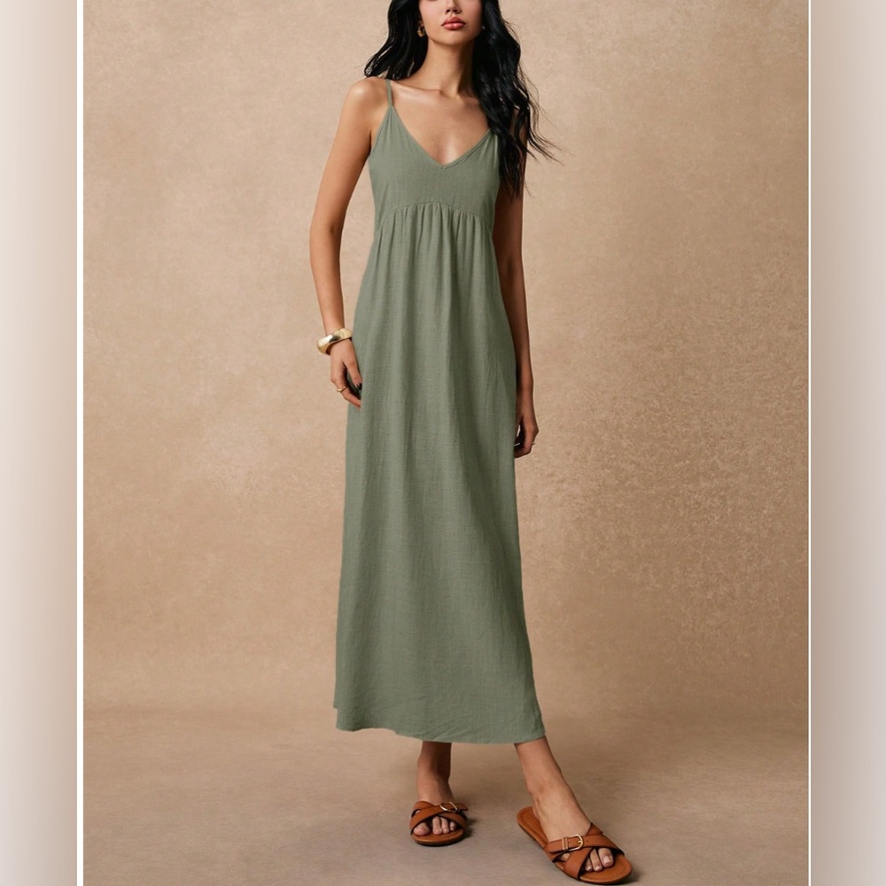 LAST ONE 🔥 Minimalist Sage Green Viscose Linen Blend Maxi Dress